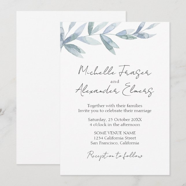 Convites Folhas de aquarela simples Casamento clássico eleg (Frente/Verso)