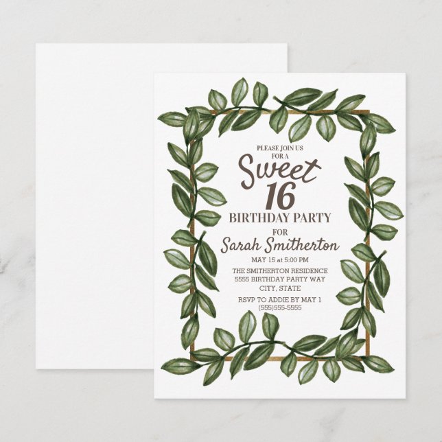 Convites Folhas de Aquarela Verde Branco Dourado Sweet 16 (Frente/Verso)