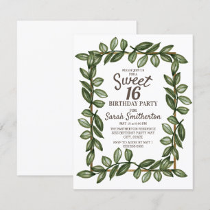 Convites Folhas de Aquarela Verde Branco Dourado Sweet 16