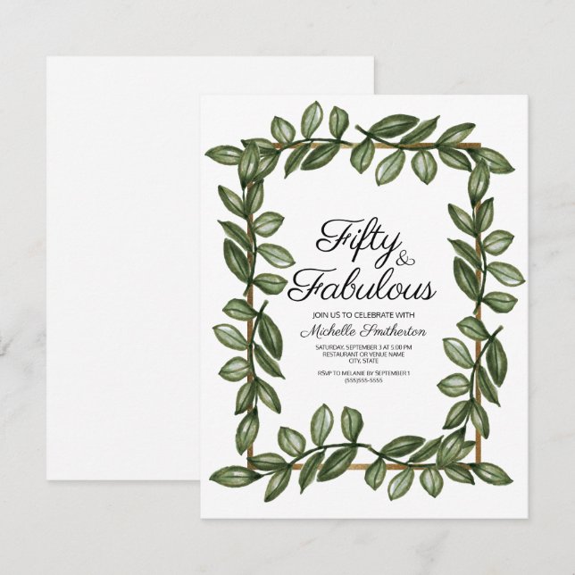 Convites Folhas de Aquarela Verde Dourado Branco Aniversári (Frente/Verso)