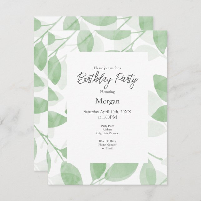 Convites Folhas de Aquarela Verde Sage (Frente/Verso)