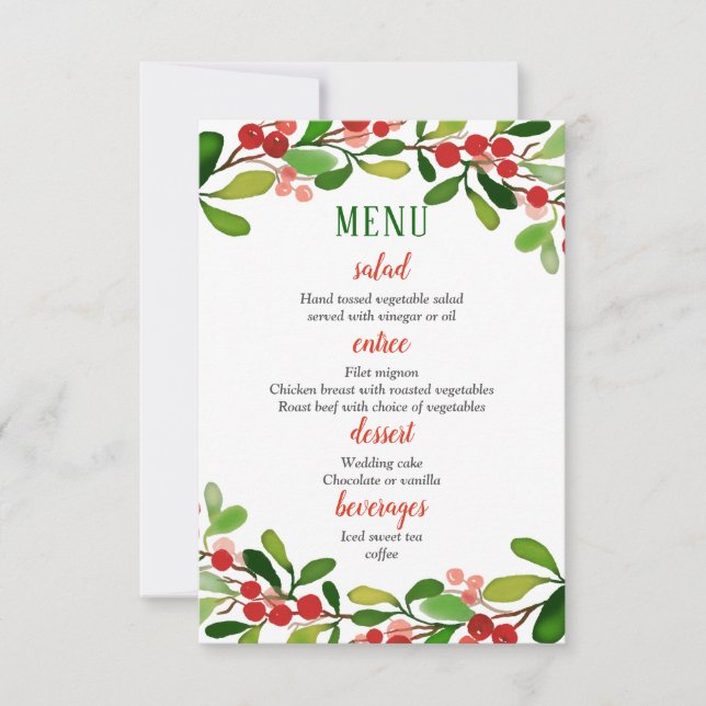 Convites Folhas de Azevinho Fruta Natal | Menu de Casamento (Frente)