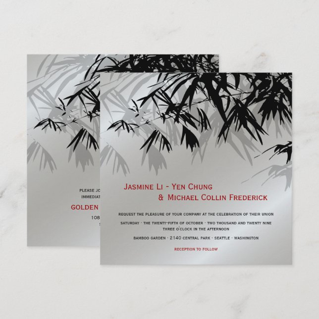Convites Folhas de Bambu Oriental Preto e Prata Casamento A (Frente/Verso)