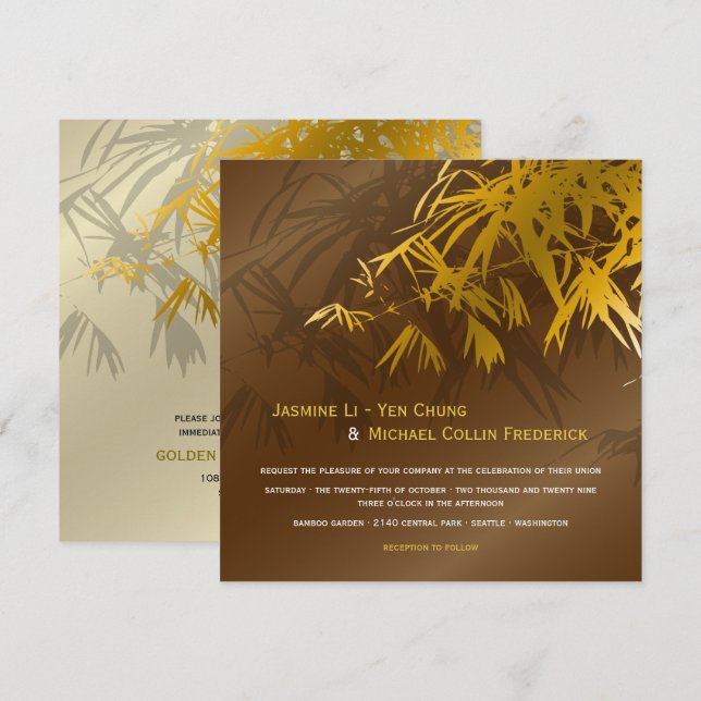 Convites Folhas de Bambu Zen Dourado & Marrom Chic Casament (Frente/Verso)