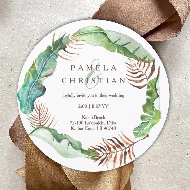 Convites Folhas de Banana Tropical Verde, Castanho, Invit D (Lush Tropical Banana Leaves Wedding Invitation, Round Tropical Leaves Wreath)
