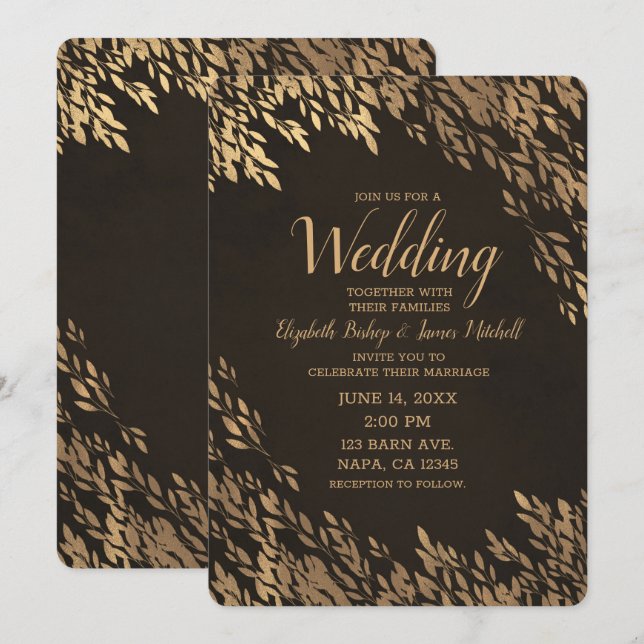 Convites Folhas de Bronze Dourado Marrom Chic Casamento Rús (Frente/Verso)