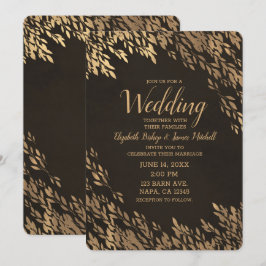 Convites Folhas de Bronze Dourado Marrom Chic Casamento Rús