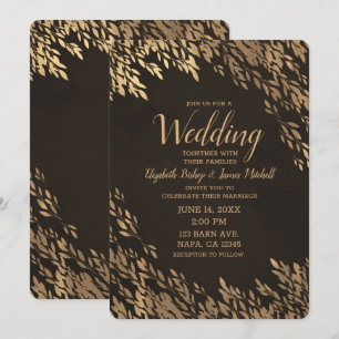 Convites Folhas de Bronze Dourado Marrom Chic Casamento Rús