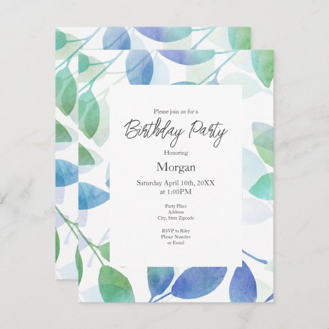 Convites Folhas de Cor Azul Verde Turquesa (Frente/Verso)