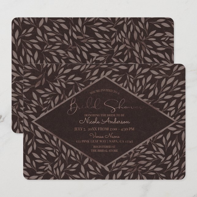 Convites Folhas de Cor de Rosa Chocolate Botânico Chá de Be (Frente/Verso)