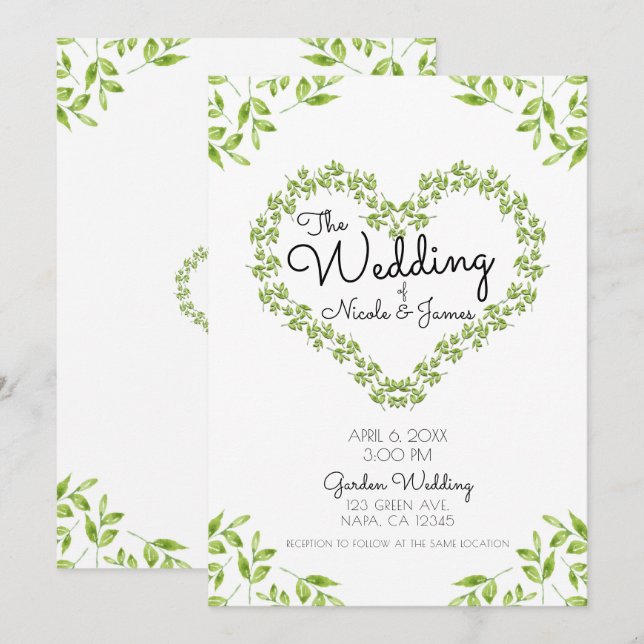 Convites Folhas de Coração Verde Grama Shabby Chic Casament (Frente/Verso)