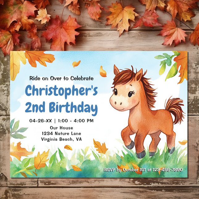 Convites Folhas de Coro e Queda | Pony Autumn Birthday (Front - Cute Horse and Fall Leaves  Pony Autumn Birthday Invitation)