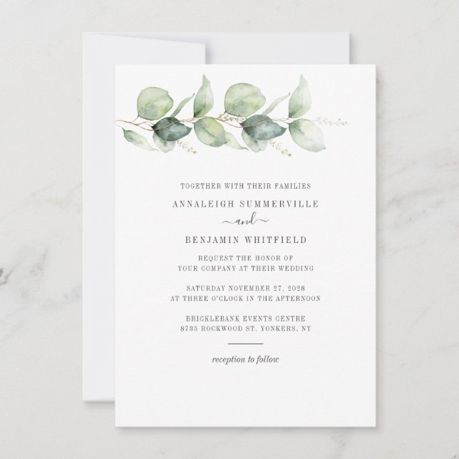 Convites Folhas de Eucalipto Botânico Verde Casamento (Frente)