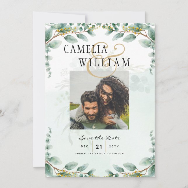 Convites Folhas de Eucalipto CASAMENTO DE OURO QR CODE ORÇA (Frente)