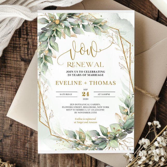 Convites Folhas de eucalipto com aquarelas e renovação do o (Watercolor eucalyptus leaves and gold vow renewal invitation template)
