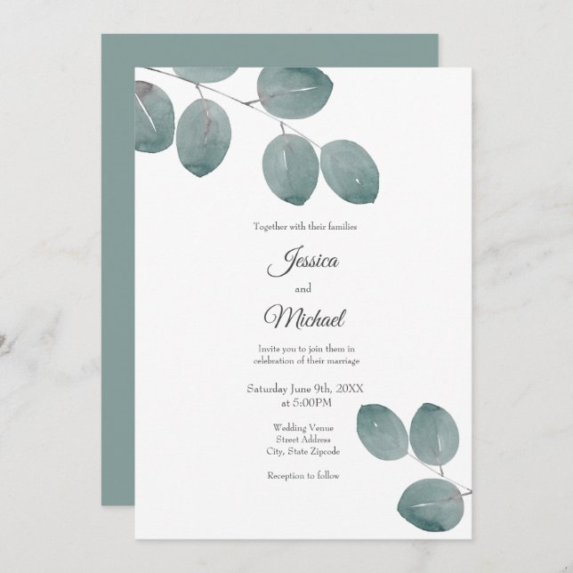 Convites Folhas de Eucalipto de Dólar de Água (Frente/Verso)