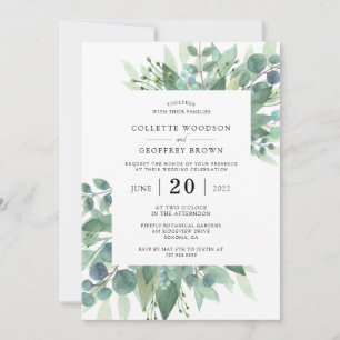 Convites Folhas de Eucalipto Elegantes Borda Verde Casament