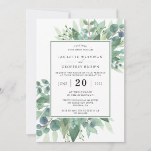 Convites Folhas de Eucalipto Elegantes Borda Verde Casament