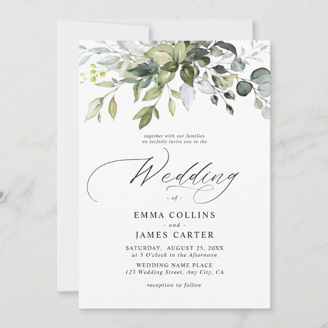 Convites Folhas de Eucalipto em Aquarela para Casamento Ver (Frente)