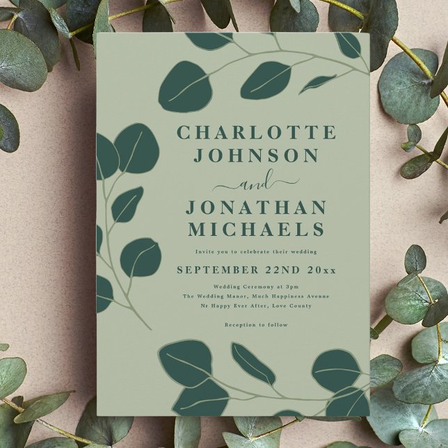 Convites Folhas de Eucalipto Minimalistas Casamento Verde (Modern minimalist leaf sage green wedding invitation with stylish elegant typography )
