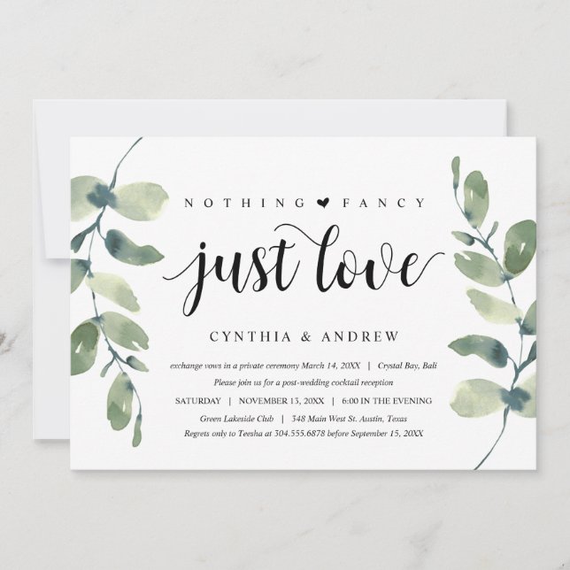 Convites Folhas de Eucalipto, Tinta Preta, Casamento Intimo (Frente)