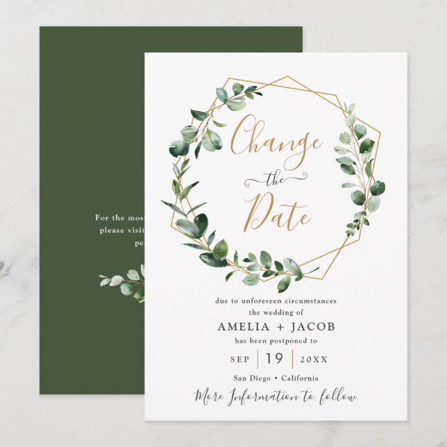 Convites Folhas de Eucalipto Verde Dourado Geométrico Mude  (Frente/Verso)