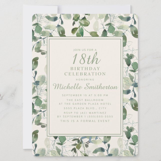 Convites Folhas de Eucalipto Verde Elegantes para Aniversár (Frente)