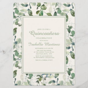 Convites Folhas de Eucalipto Verde Elegantes Quinceanera