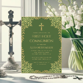 Convites Folhas de Faux Dourado Verde da Primeira Comunhão