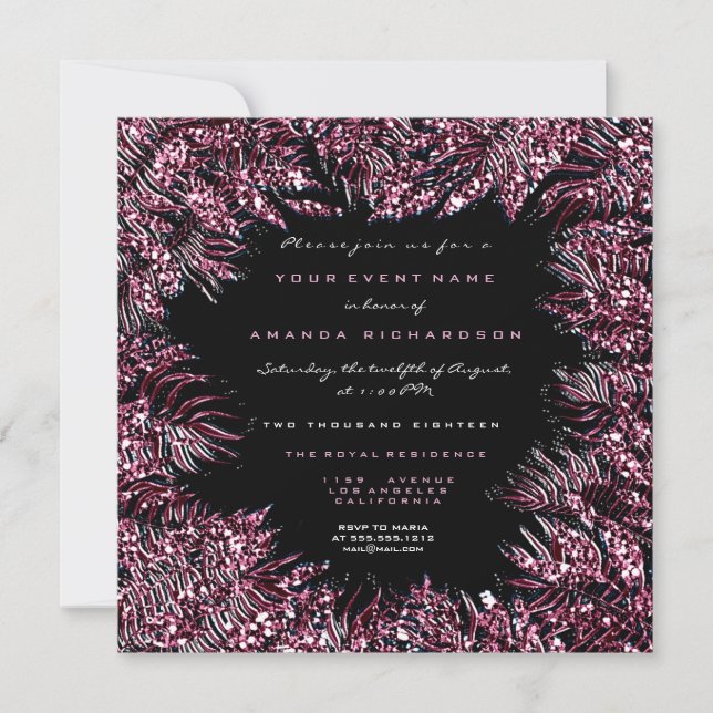 Convites Folhas de Fern Framed Cristais Burgundy Rosa Preto (Frente)