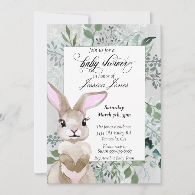 Convites Folhas de Folhagem de Coelho Elegante em Aquarela (Frente)