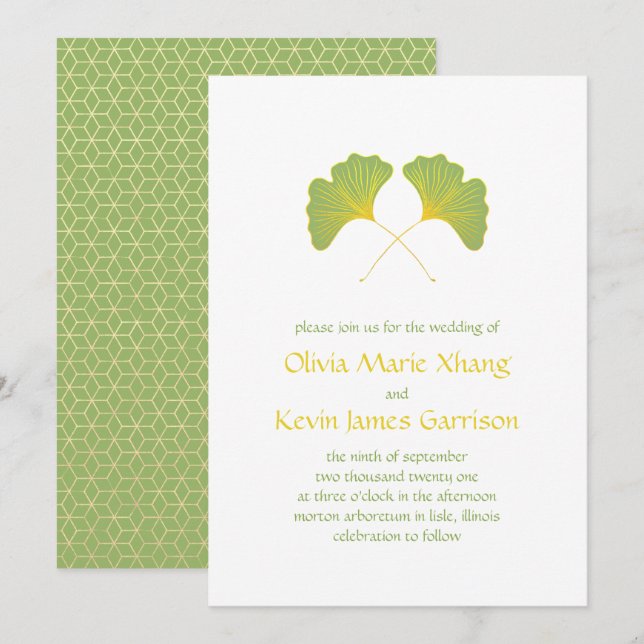 Convites Folhas de Ginkgo e Geometria Dourada (Frente/Verso)