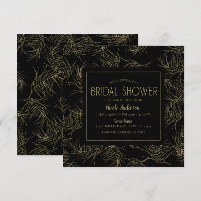 Convites Folhas de Glamour Tropical Preto e Dourado Chá de  (Frente/Verso)