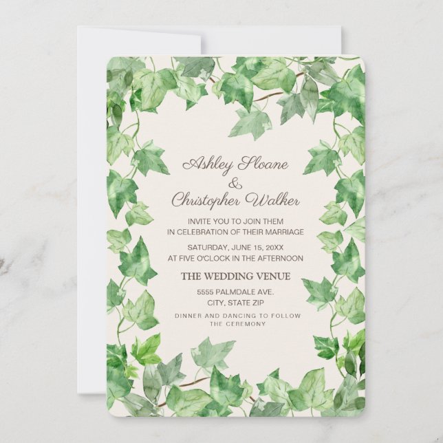 Convites Folhas de Hera Verde Elegantes Casamento Creme (Frente)