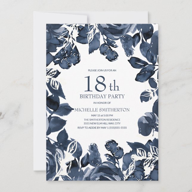 Convites Folhas de Índigo Azul-Marinho 18º Aniversário (Frente)