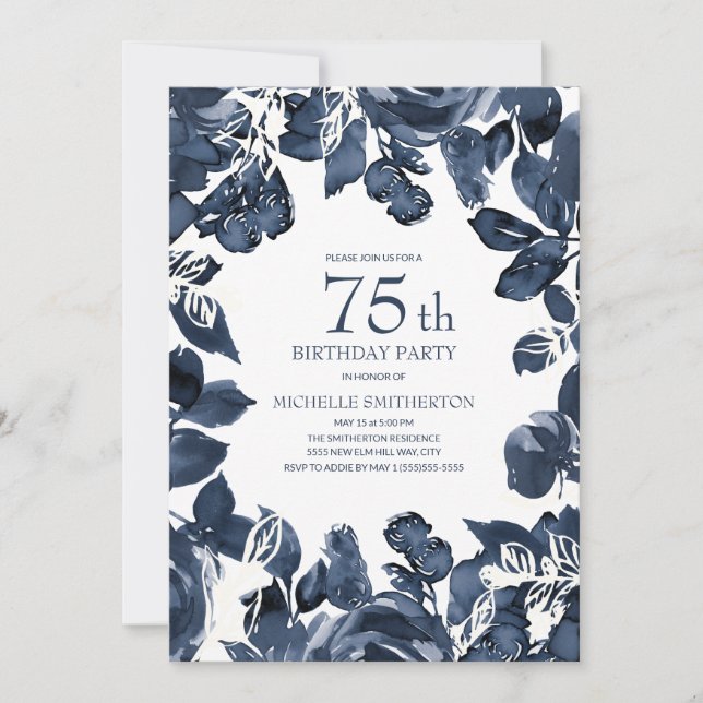 Convites Folhas de Índigo Azul-Marinho 75º Aniversário (Frente)