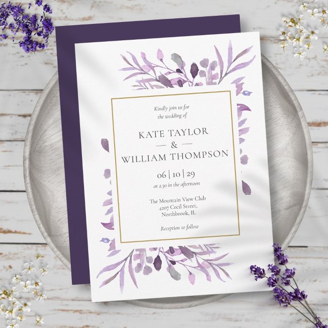 Convites Folhas de Lavanda Roxa Elegante Casamento Dourado (Purple Lavender Foliage Elegant Gold Wedding Invitation)