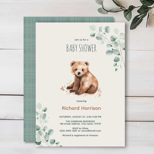 Convites Folhas de Mata Cuja chá de fraldas é chamada (Watercolor bear sage green beige eucalyptus Minimalistic watercolor gender neutral baby shower)