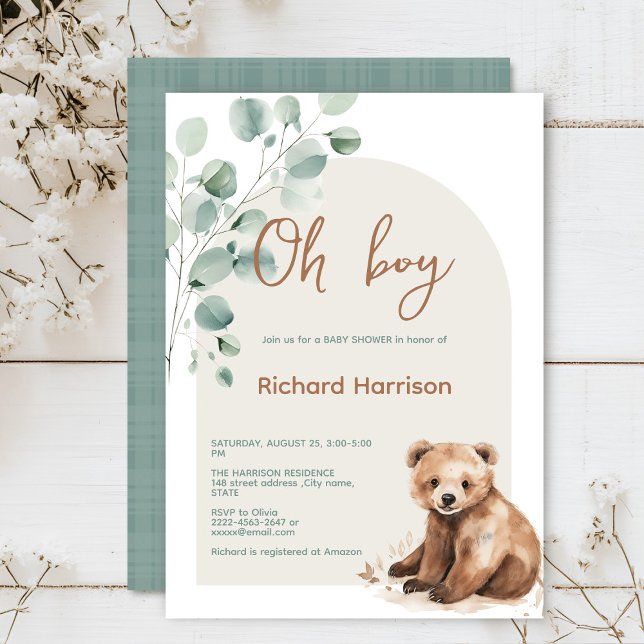 Convites Folhas de Mata Cuja chá de fraldas é chamada (Watercolor bear sage green beige eucalyptus Minimalistic watercolor gender neutral baby shower)