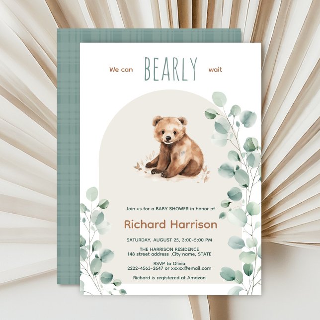 Convites Folhas de Mata Cuja chá de fraldas é chamada (Watercolor bear sage green beige eucalyptus Minimalistic watercolor gender neutral baby shower)