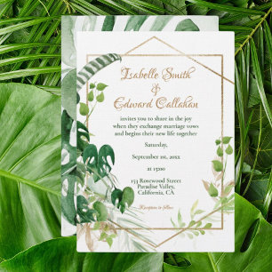 Convites Folhas de Monstera Verde Tropical Dourado Geométri