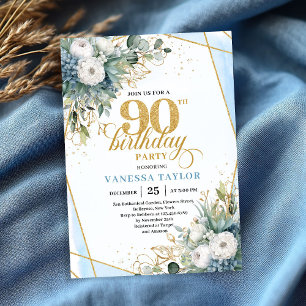 Convites Folhas de ouro azul pálido chic suave 90º aniversá