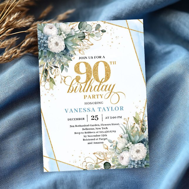 Convites Folhas de ouro azul pálido chic suave 90º aniversá (Pale blue gold leaves soft chic 90th birthday invitation)