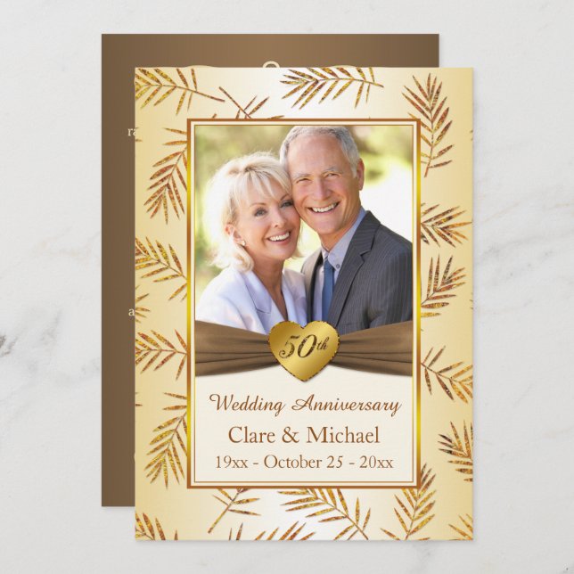 Convites Folhas de ouro, coração 50º aniversário de casamen (Frente/Verso)