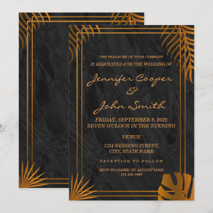 Convites Folhas de Ouro e Moldura Geométrica Casamento Tend