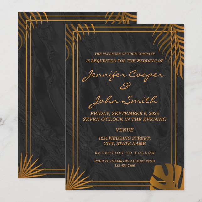 Convites Folhas de Ouro e Moldura Geométrica Casamento Tend (Frente/Verso)