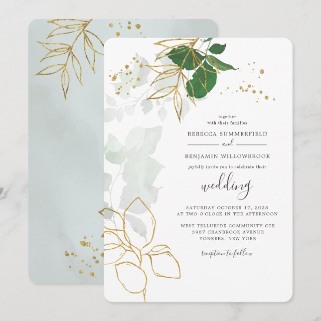 Convites Folhas de Ouro Eucalipto Verde Casamento (Frente/Verso)