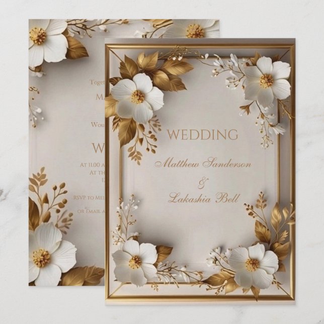 Convites Folhas de ouro lindas flores brancas (Frente/Verso)