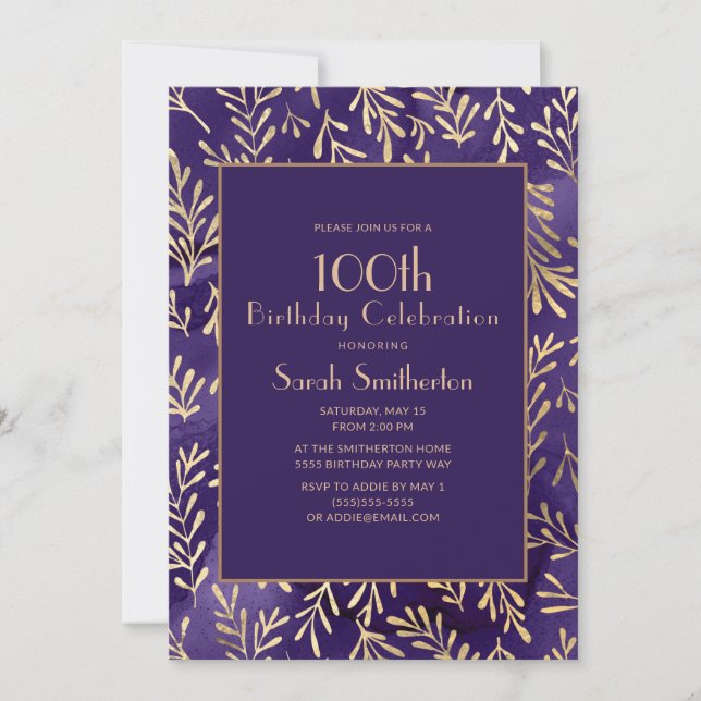 Convites Folhas de Ouro Roxo Elegantes 100º Aniversário (Frente)