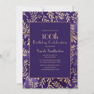 Convites Folhas de Ouro Roxo Elegantes 100º Aniversário